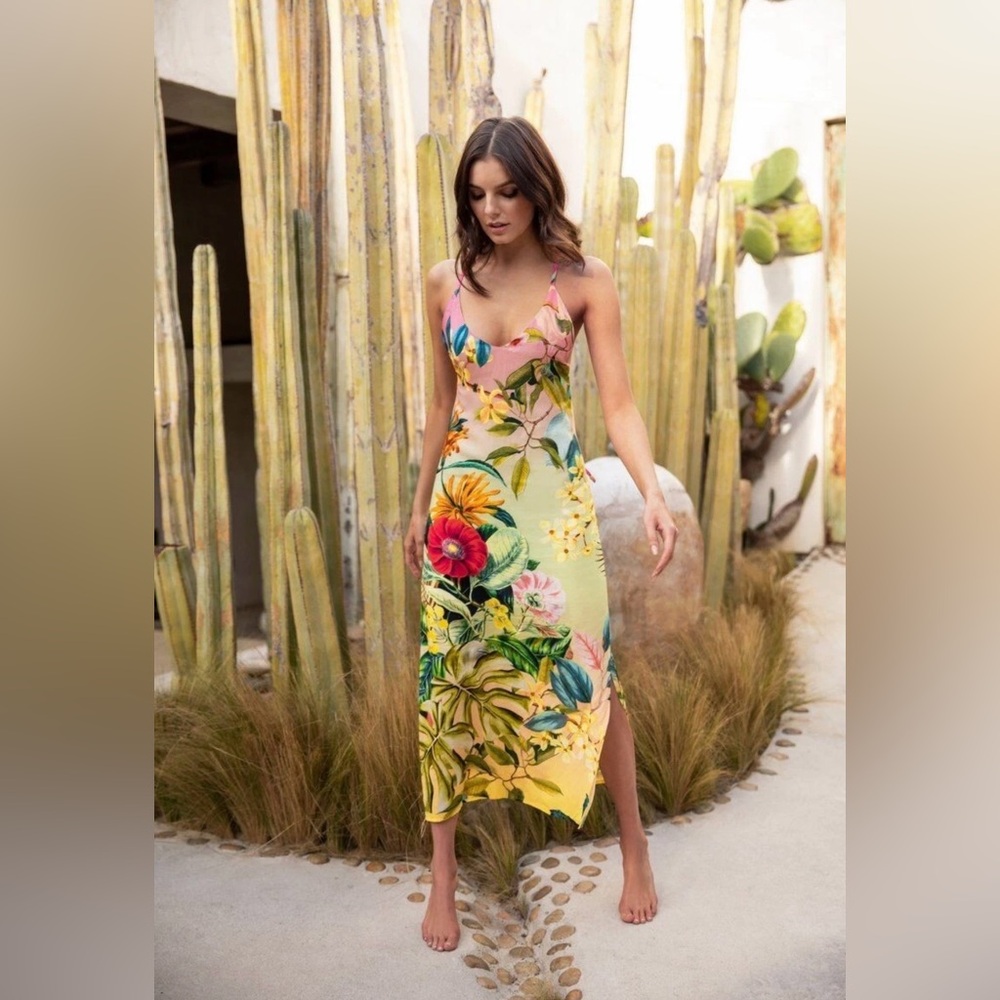 PQ Swim Ella Botanical Print Coverup Slip Dress Women XS/S Tropical Bohemian NWT